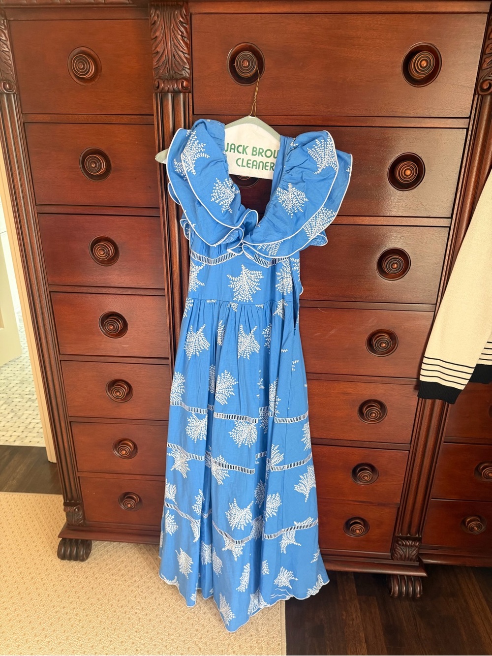 Blue Ruffled Maxi Dress with White Floral Print